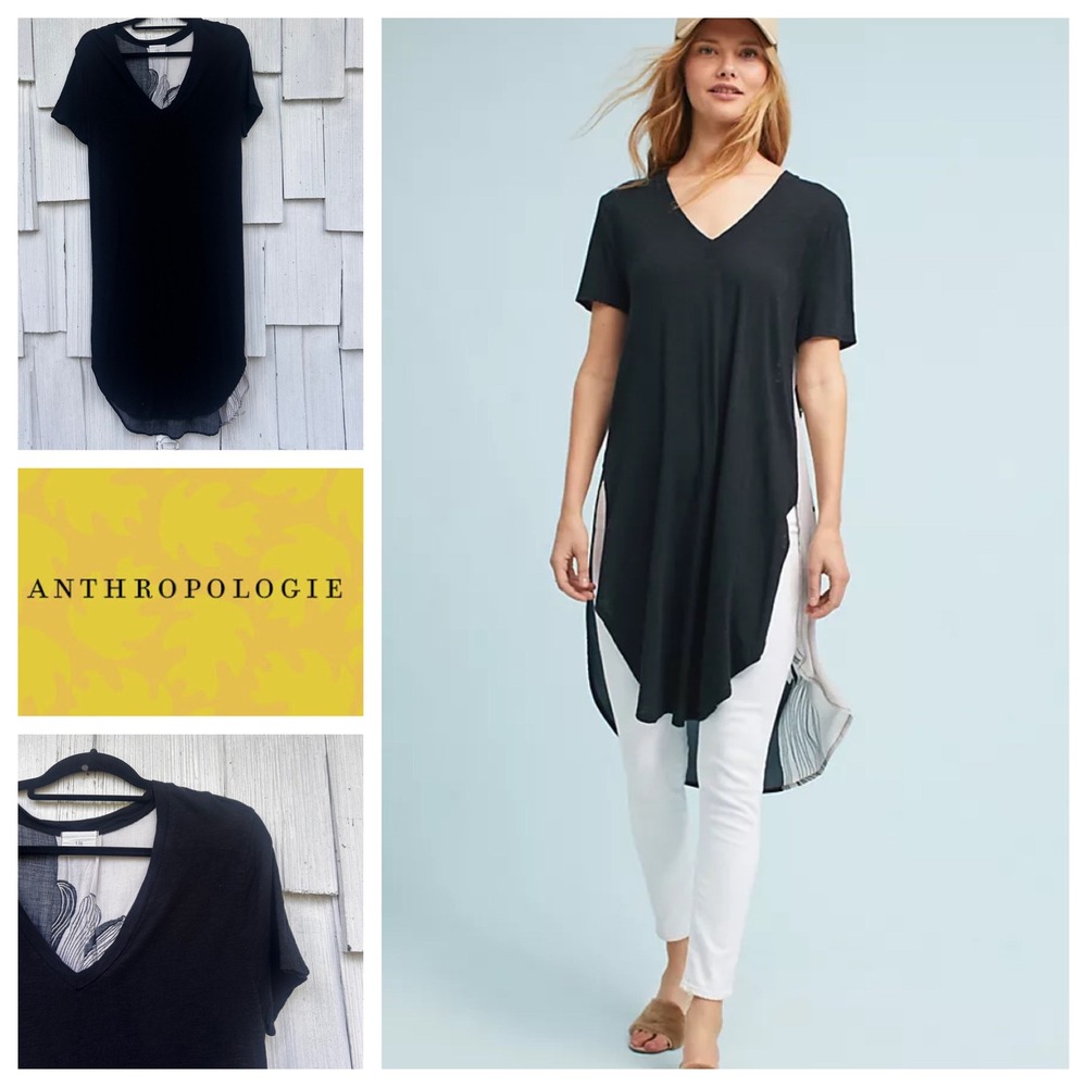 Anthropologie t.la Black Floral Tunic T-Shirt Dress Side Slit High Low Women S